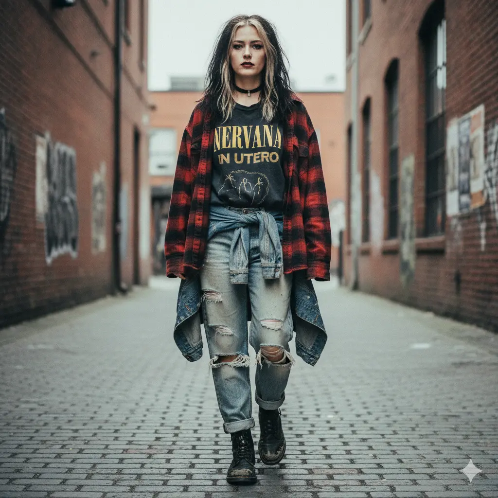 Plaid Shirt Over Nirvana Tee with Denim Jacket — Grunge Winter Outfits