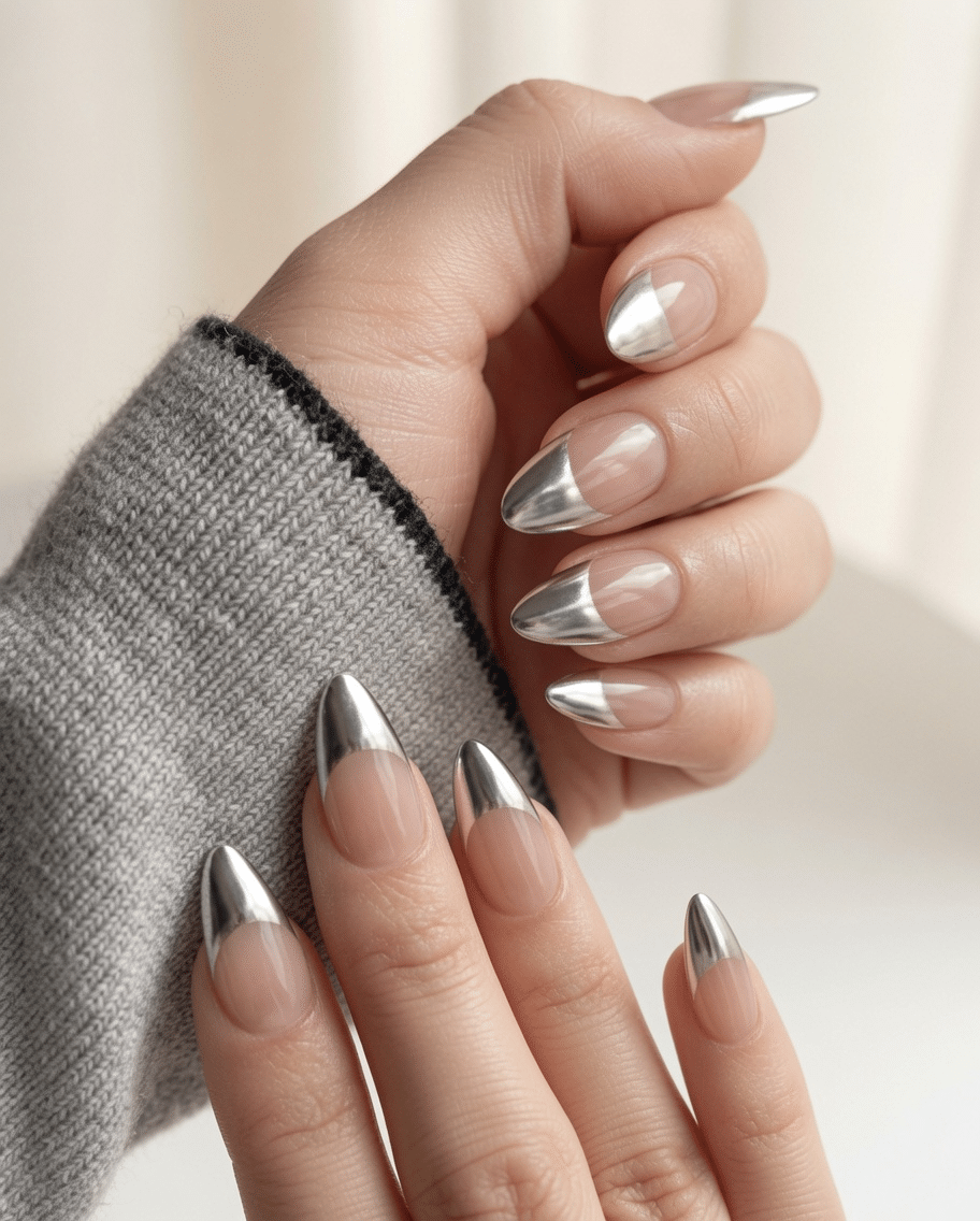 Both Hands Medium Close-Up Medium Almond Chrome French Tips Sheer Pink Both Hands Medium Close-Up Medium Almond Chrome French Tips Sheer Pink — Silver Chrome Nails