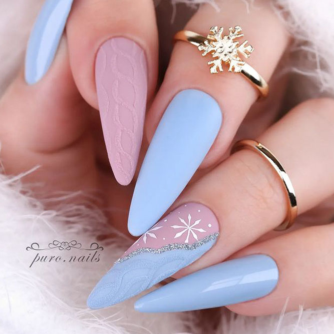 Pastel Matte Cable Knit Snowflake Stilettos Pastel Matte Cable Knit Snowflake Stilettos — Winter Formal Nails