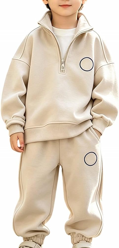 Beige Fleece Set with Navy Graphic Detail Beige Fleece Set with Navy Graphic Detail — Winter School Outfits