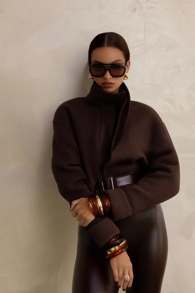 Monochromatic Texture Play: Brown Tones with Leather — Minimalist Winter Outfits