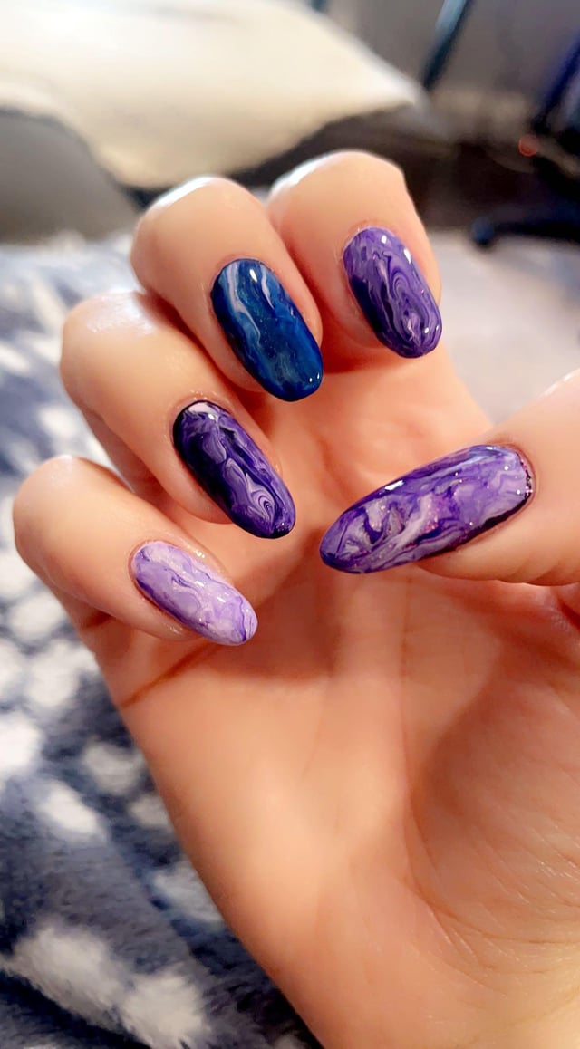 Purple Blue Swirl Marble Oval Nails — Winter Marble Nails