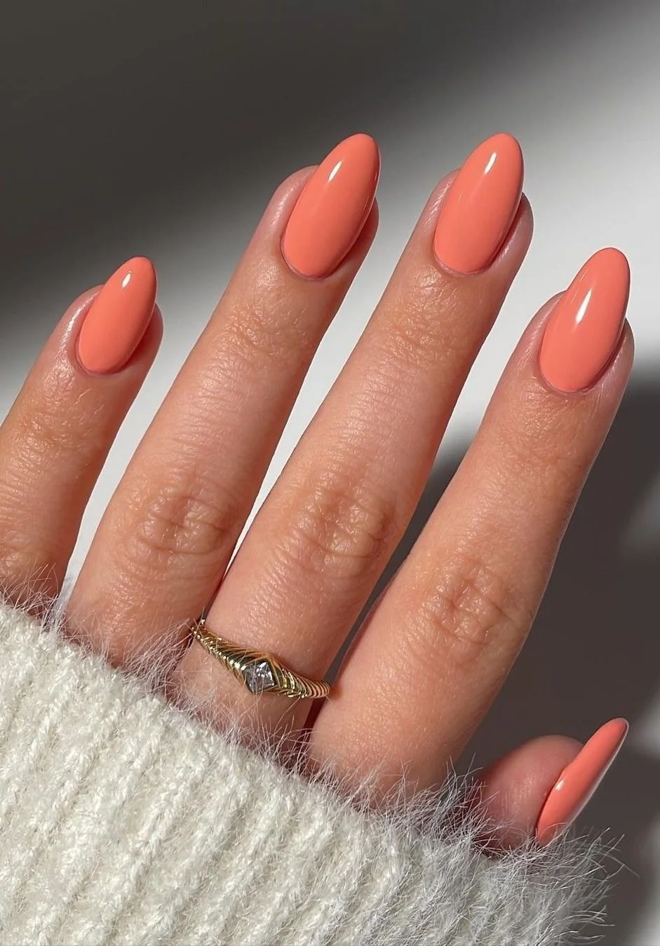 Vibrant Opaque Coral Orange Oval Nails Vibrant Opaque Coral Orange Oval Nails — Winter Nail Colors for Women Over 50