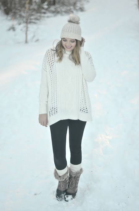 Fur-Trimmed Snow Boots with Cable-Knit Sweater Fur-Trimmed Snow Boots with Cable-Knit Sweater — Snow Boots Outfits