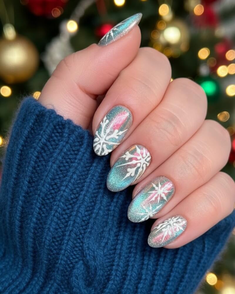 Teal Cat Eye with Snowflake Sparkle Teal Cat Eye with Snowflake Sparkle — Winter Cat Eye Nails
