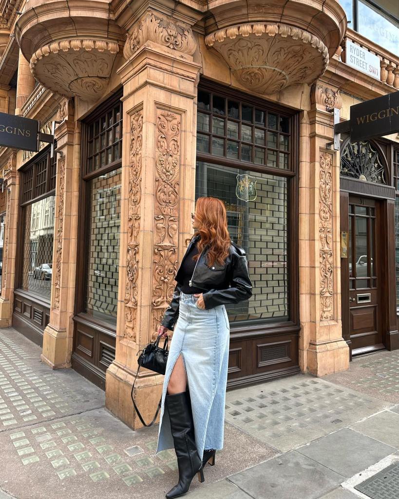 Edgy Leather Jacket and Knee-High Boots with Denim Maxi Skirt — Nashville Winter Outfits