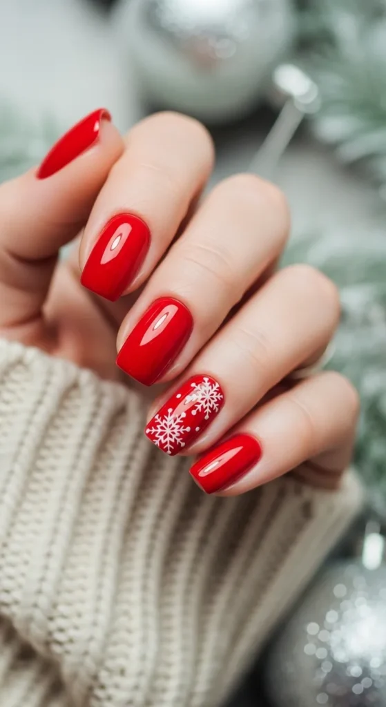 Vibrant Red Snowflake Decal Square Nails Vibrant Red Snowflake Decal Square Nails — Winter Red Nails