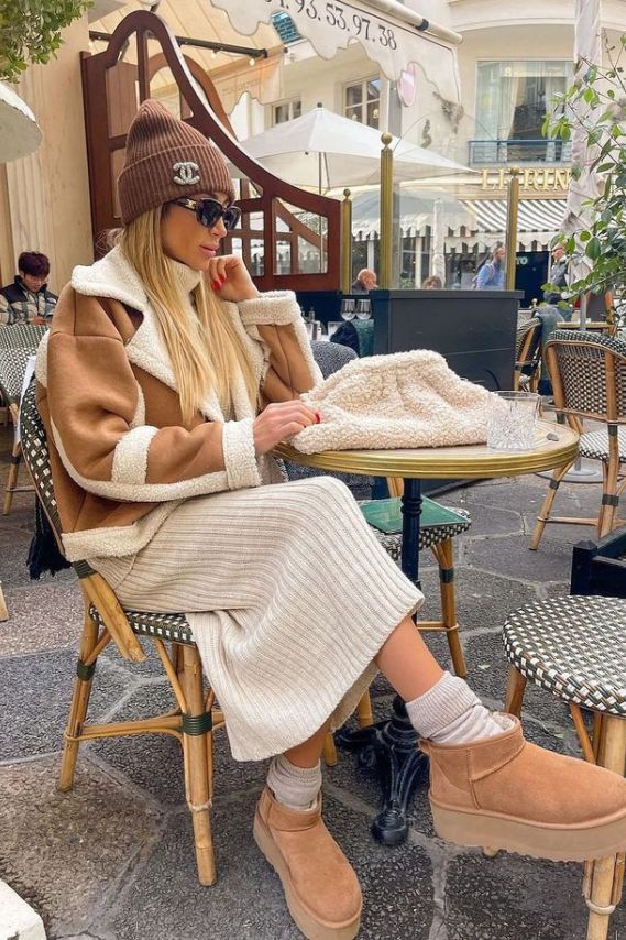 Tan Platform Ugg Boots with Knit Dress and Shearling Jacket Tan Platform Ugg Boots with Knit Dress and Shearling Jacket — Ugg Slippers Outfits