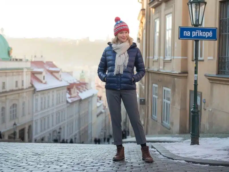 Navy Puffer Jacket with Bobble Hat for Practical City Exploration — Europe Winter Outfits