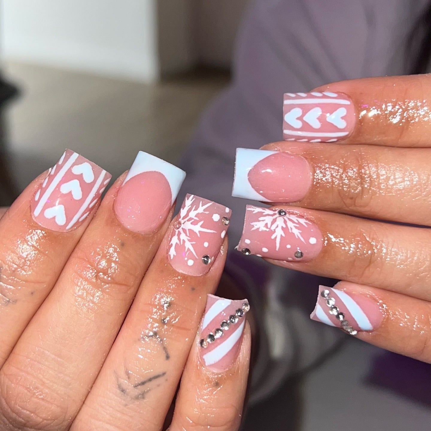 Pink Hearts Snowflakes & Stripes Pink Hearts Snowflakes & Stripes — Winter Squoval Nails