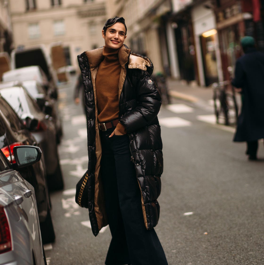 Glossy Black Puffer with Contrasting Brown Lining and Belt — Long Puffer Coat Outfits