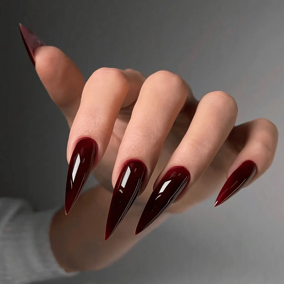 Dark Glossy Red Gradient Stilettos Dark Glossy Red Gradient Stilettos — Winter Acrylic Nail Colors