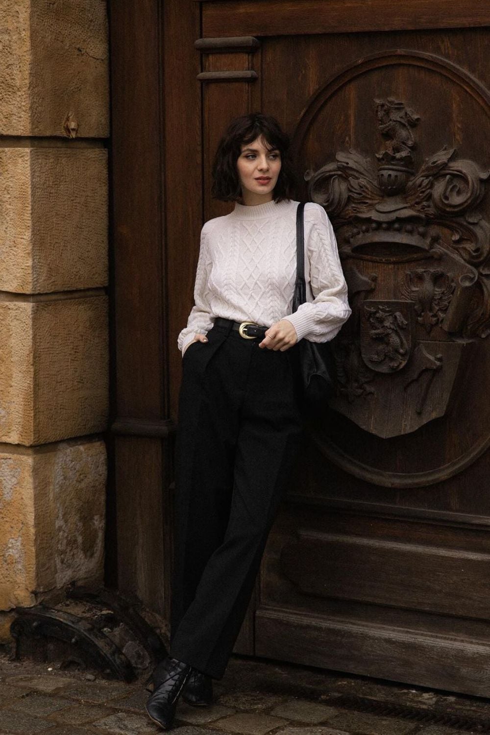 Chunky Knit Sweater and Wide-Leg Trousers — Dark Academia Winter Outfits