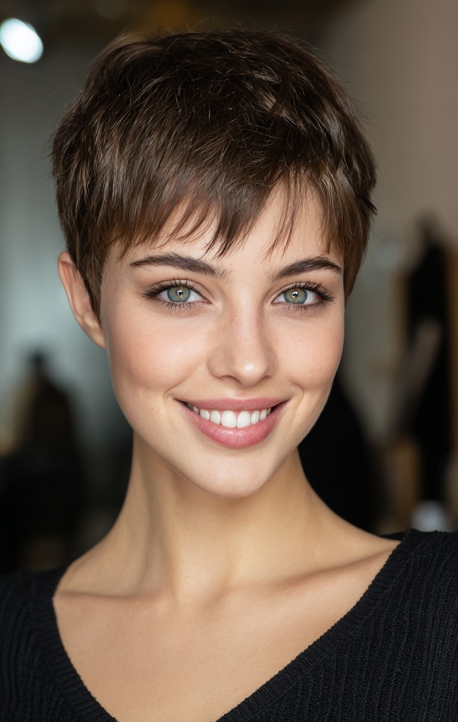 Tousled Light Brown Pixie with Piecey Bangs Tousled Light Brown Pixie with Piecey Bangs — very short women haircuts