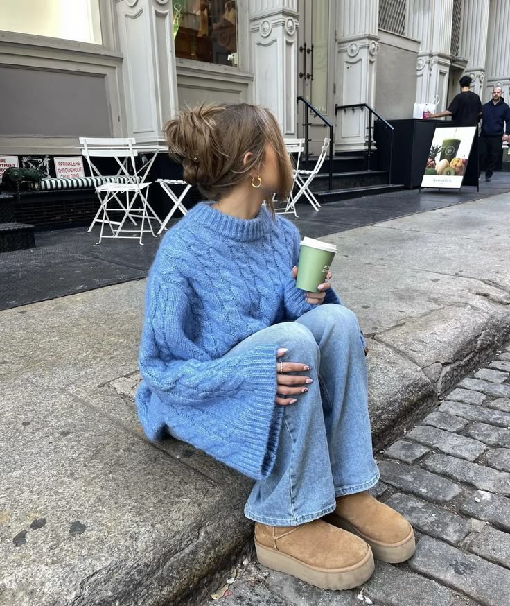 Blue Oversized Cable-Knit Sweater with Light Blue Jeans — Oversized Sweater Outfits