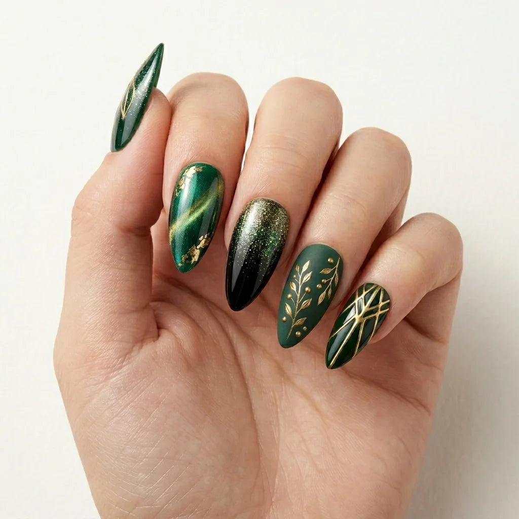 Mixed Finish Emerald with Gold Leaf Mixed Finish Emerald with Gold Leaf — Emerald Green Nails