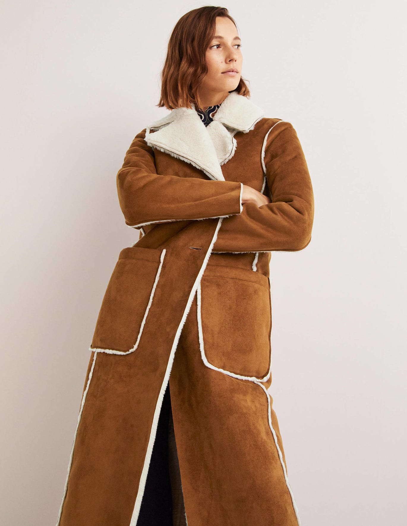 Long Brown Suede Shearling Coat with Contrast Trim — Shearling Coat Outfits