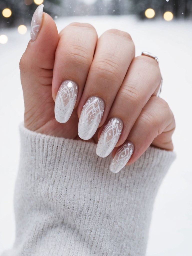 Iridescent Geometric Frost Oval Nails Iridescent Geometric Frost Oval Nails — Winter Wedding Nails