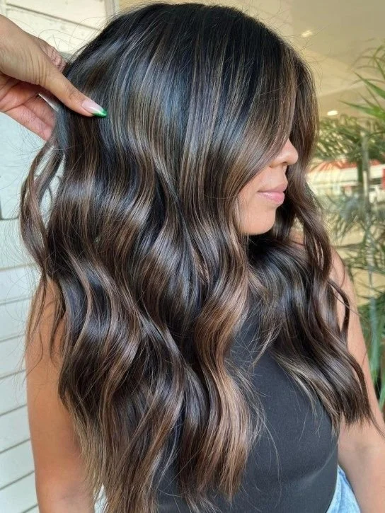 Mid-Back Dark Brown With Ash Highlights — Winter Hair Colors for Olive Skin