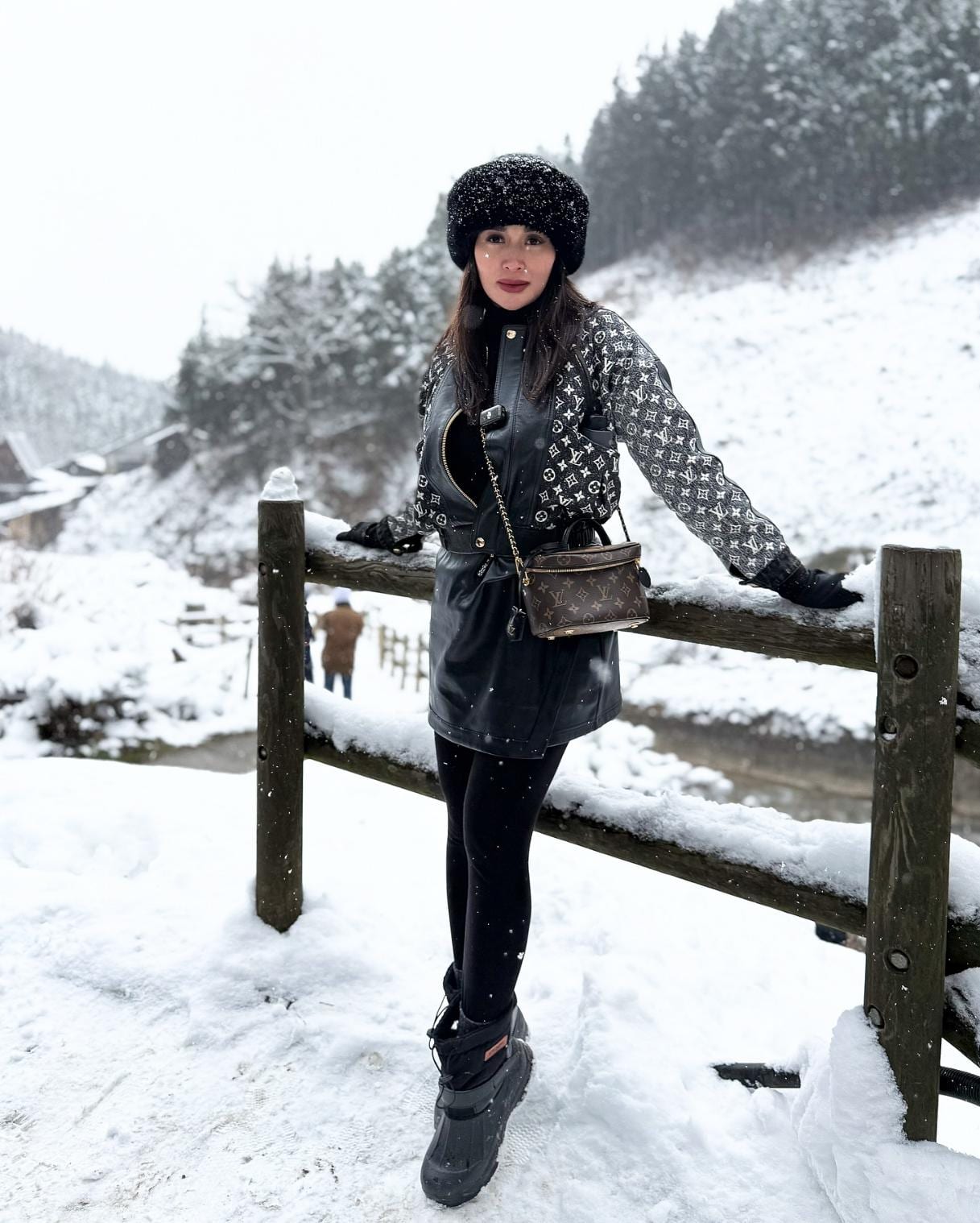 Black Leather Dress with Patterned Sweater for a Striking Winter Look — Japan Winter Outfits