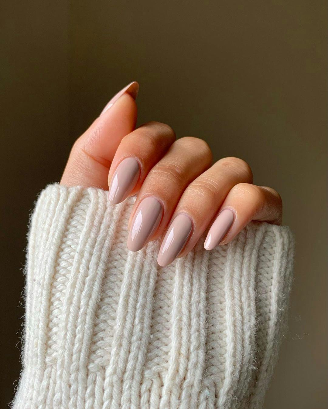 Glossy Neutral Beige Almond Nails Glossy Neutral Beige Almond Nails — Winter Nail Colors for Pale Skin