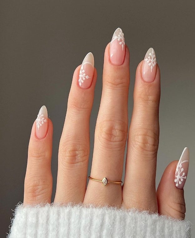 Sheer Pink Snowflake Accent Medium Almond Sheer Pink Snowflake Accent Medium Almond — Simple Winter Nails