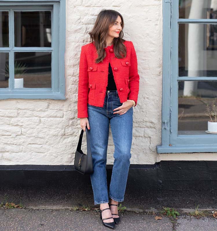 Red Textured Jacket Over Jeans for a Smart Dinner Outfit — Winter Dinner Outfits