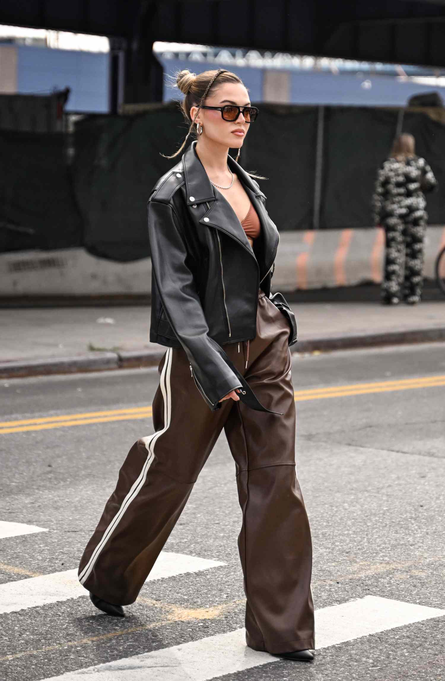 Brown Bralette Black Leather Moto Jacket Outfit Idea — Leather Pants Outfits