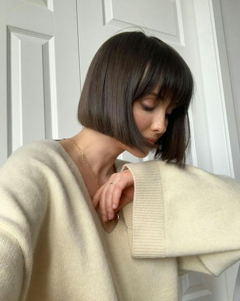 Dark Brown Bob With Blunt Bangs Dark Brown Bob With Blunt Bangs — Winter Haircuts for Thin Hair