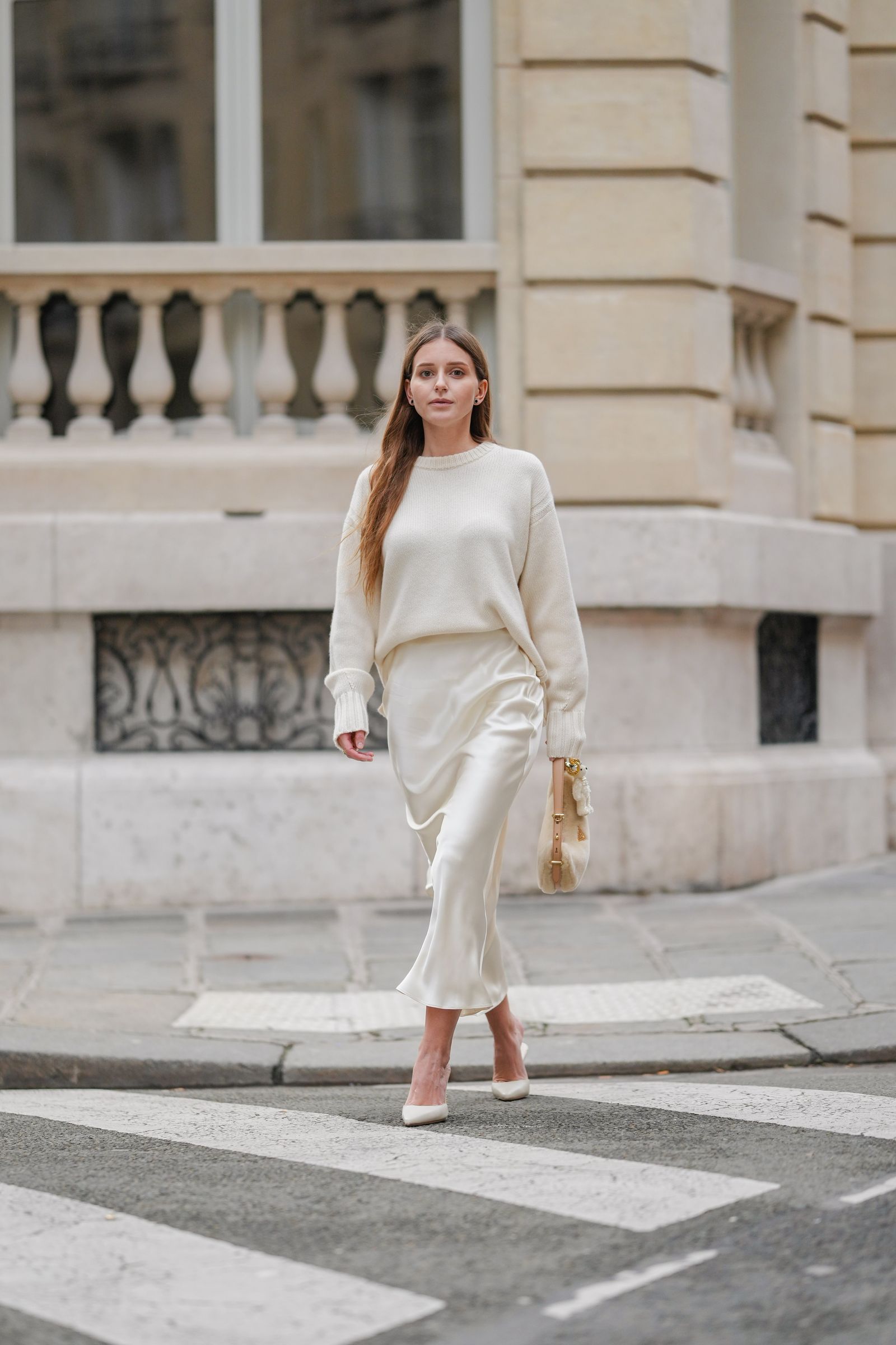 Oversized Knit Sweater with Satin Slip Skirt — Winter White Outfits