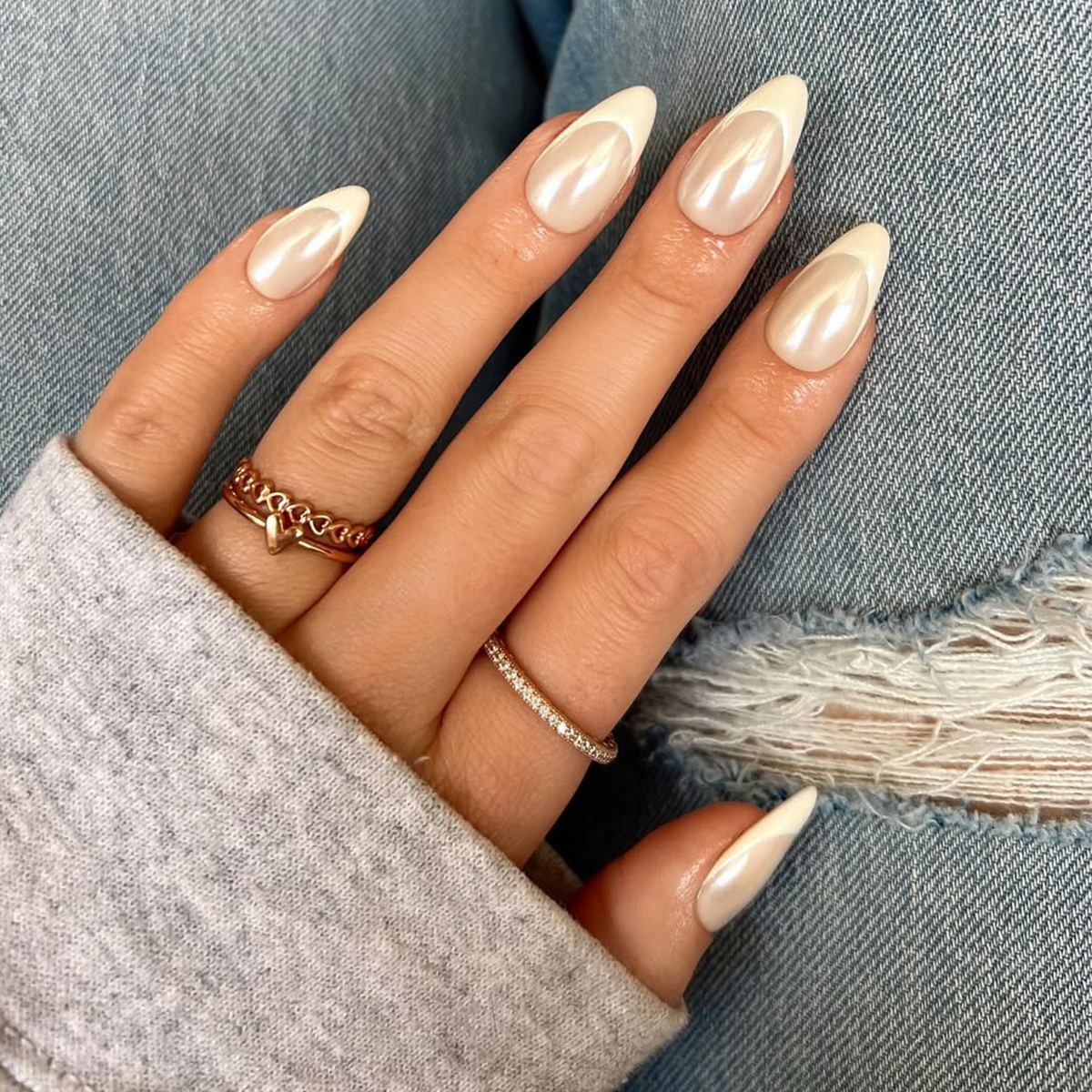 Pearlescent Glossy Visual Idea — Winter French Tip Nails