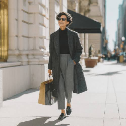 Charcoal Long Coat Over Black Turtleneck and Grey Trousers for Elegant Style Charcoal Long Coat Over Black Turtleneck and Grey Trousers for Elegant Style — Winter Outfits for Women Over 60