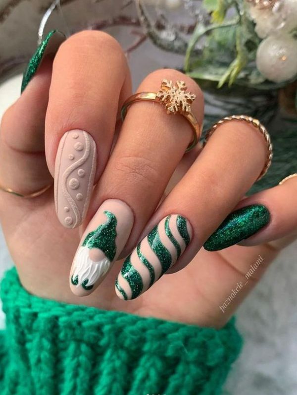 Nude Base with Christmas Gnome and Candy Cane Nails Nude Base with Christmas Gnome and Candy Cane Nails — Winter Green Nails