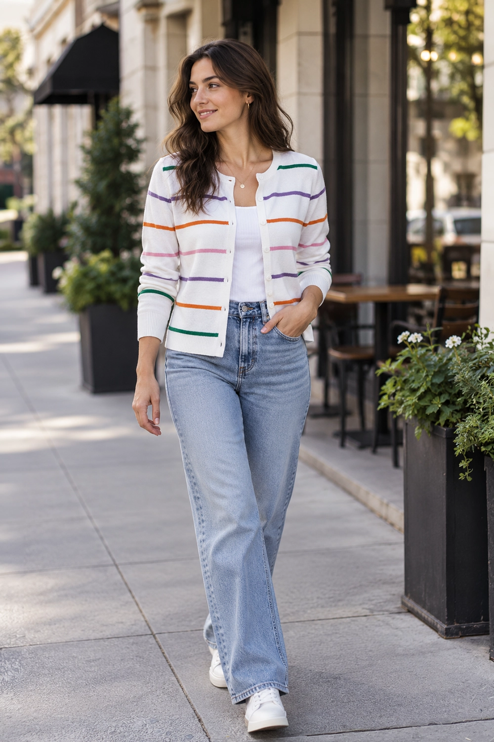 White Cardigan with Pastel Stripes and Wide-Leg Jeans — Cardigan Outfits