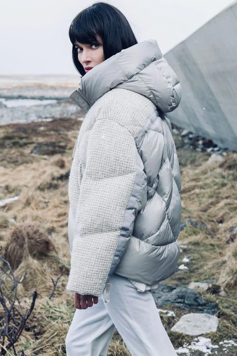Mixed Media Style: Grey Puffer with Textured Knit Sleeves — Winter Puffer Jacket Outfits