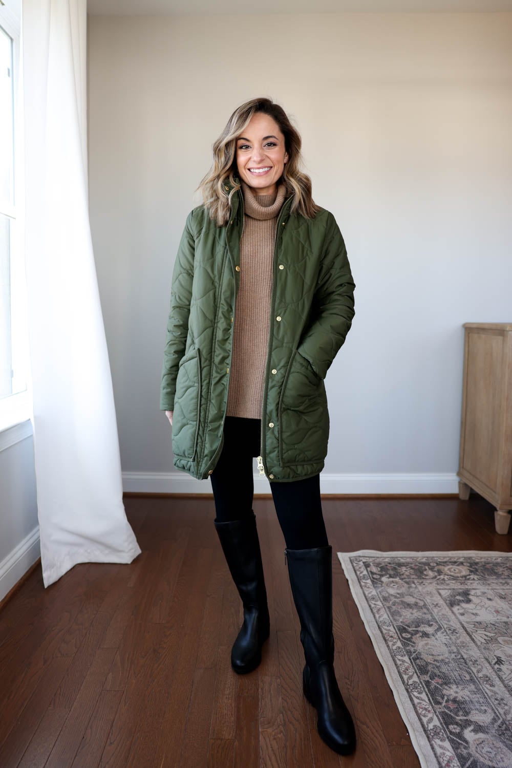 Puffer Coat and Tan Turtleneck with Black Leggings Puffer Coat and Tan Turtleneck with Black Leggings — Winter Outfits with Leggings