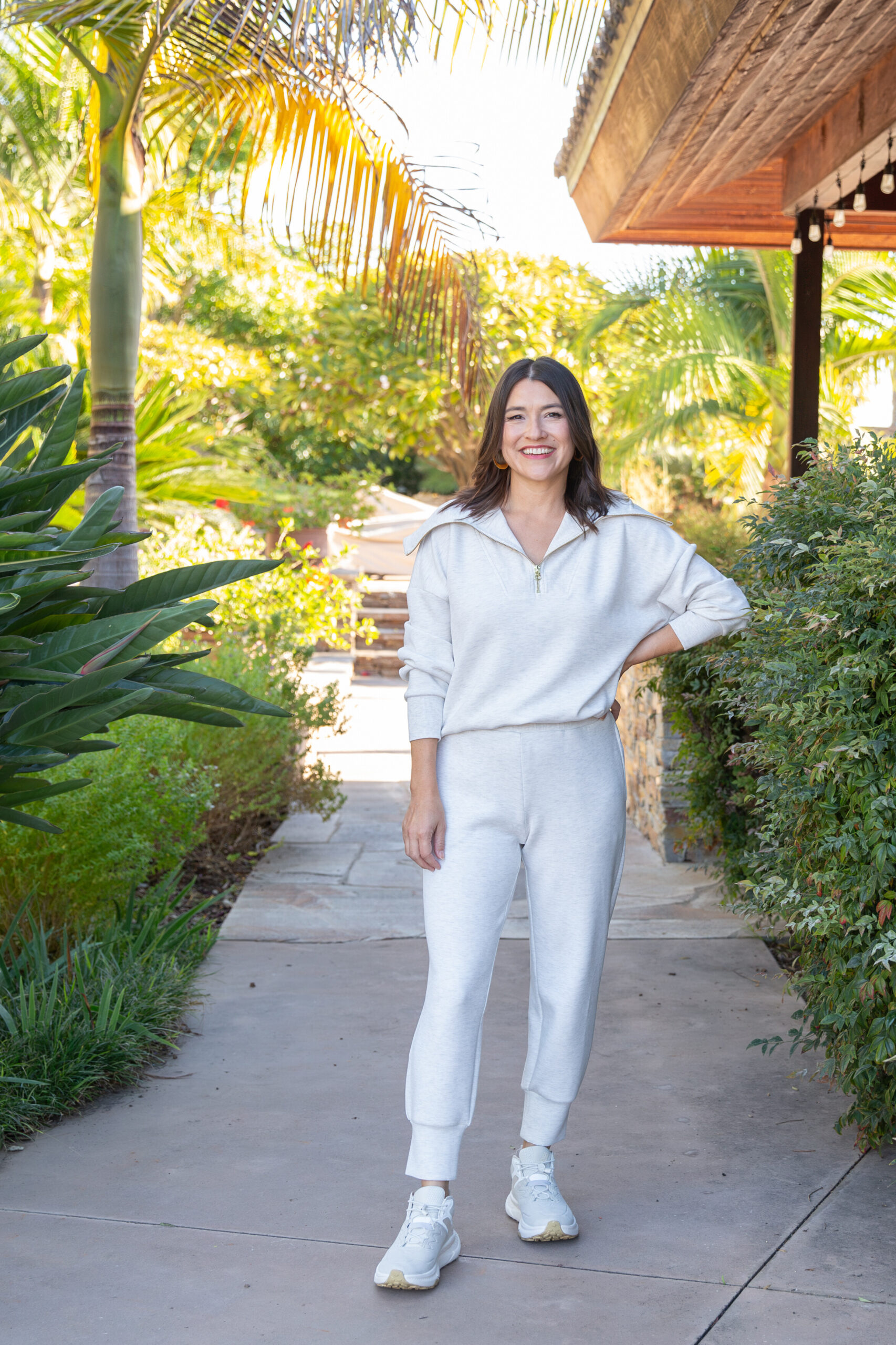Off-White Collared Zip-Up Knit Set with Sneakers — Loungewear Outfits