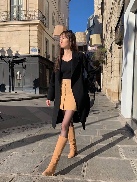 Black Wool Coat with A-Line Skirt and Tan Knee-High Boots — Paris Winter Outfits