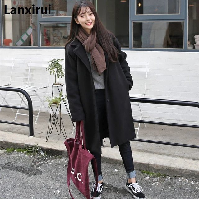 Long Black Wool Coat with Grey Sweater — Korean Winter Outfits