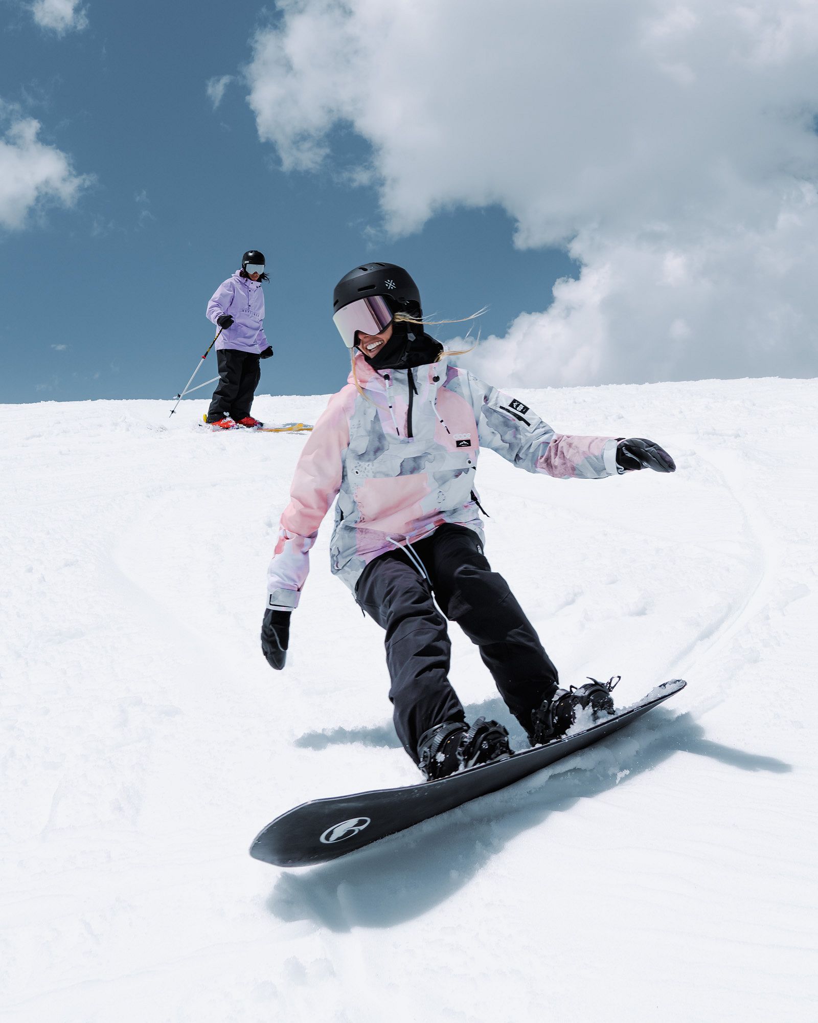 Camouflage Print Snowboard Jacket with Black Pants for Stylish Action Camouflage Print Snowboard Jacket with Black Pants for Stylish Action — Snowboarding Outfits