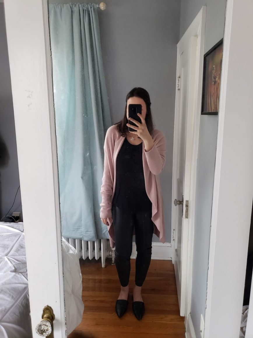 Cozy Pink Cardigan Over Black Leggings Cozy Pink Cardigan Over Black Leggings — Winter Date Night Outfits