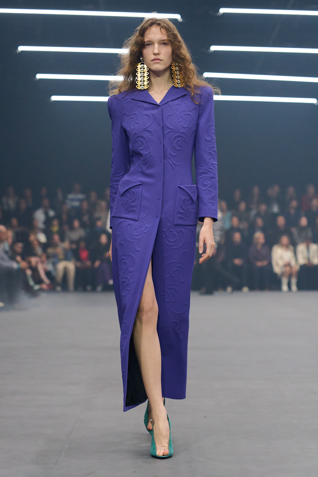 Fashion-Forward Royal Purple Coat Dress with Embossed Floral Pattern Fashion-Forward Royal Purple Coat Dress with Embossed Floral Pattern — Royal Purple Outfits