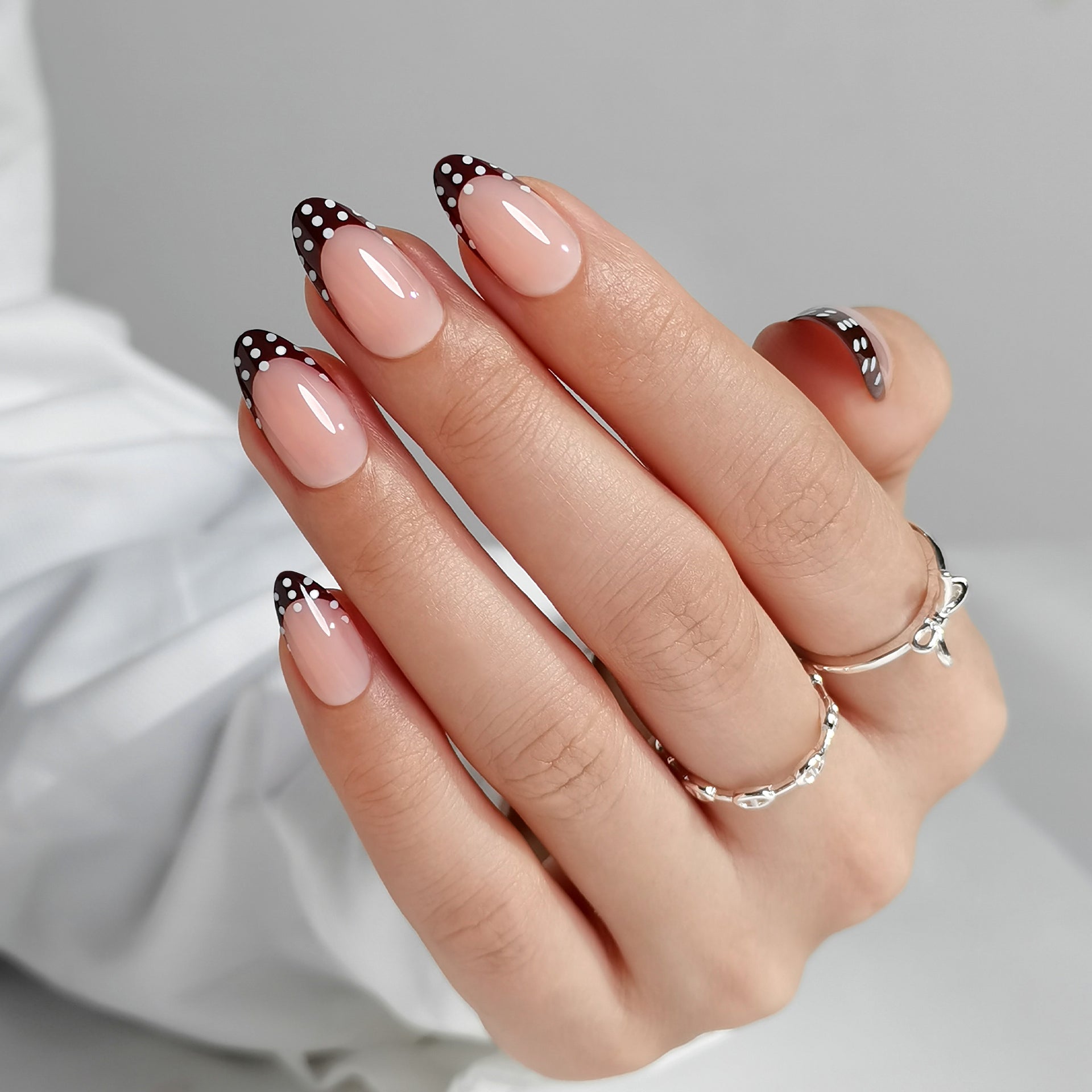 Nude Polka Dot French Tip Almonds Nude Polka Dot French Tip Almonds — Short Winter Almond Nails