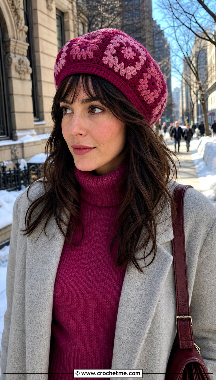 Granny Square Beret with Pink Turtleneck and Grey Coat Granny Square Beret with Pink Turtleneck and Grey Coat — Beret Outfits