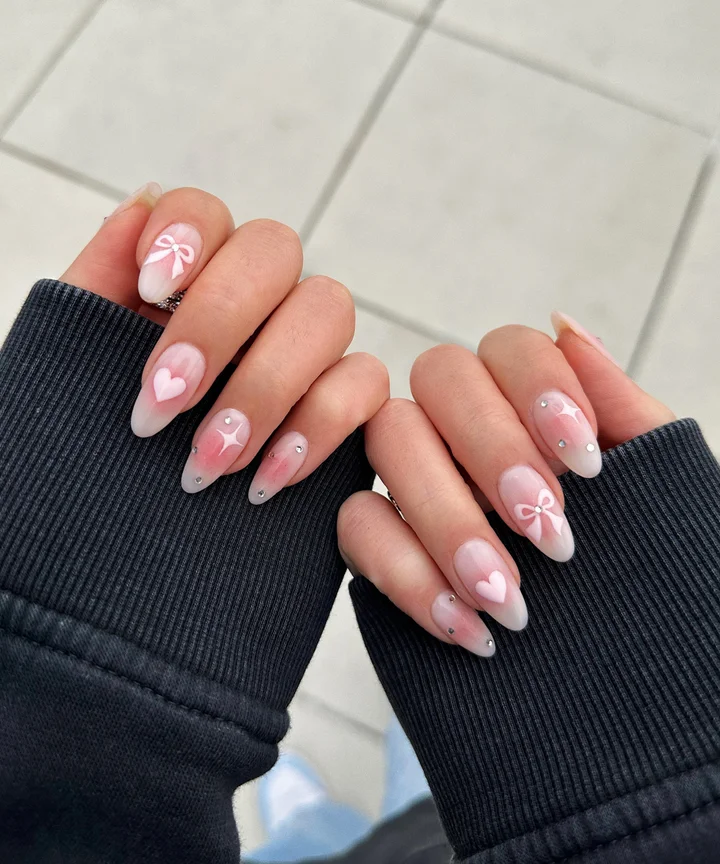 Pink White Gradient Bow Heart Nails Pink White Gradient Bow Heart Nails — Winter to Spring Transition Nails