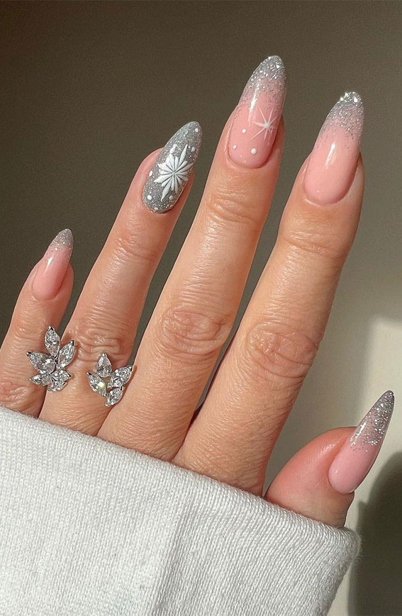 Pale Pink White Glitter Snowflake Stiletto Nails Pale Pink White Glitter Snowflake Stiletto Nails — Winter Ombre Nails