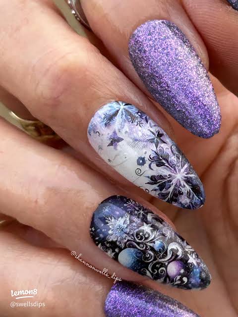 Winter Shimmering Purple Glitter Snowflake Almonds Winter Shimmering Purple Glitter Snowflake Almonds — Winter Purple Nails
