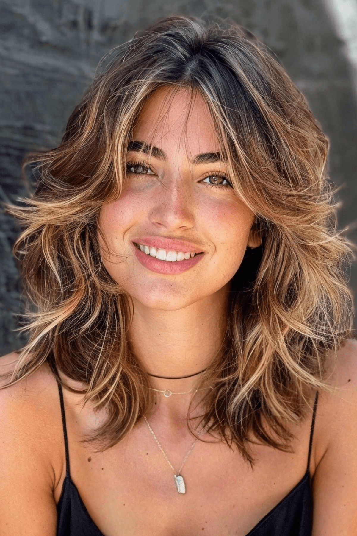 Dark Brown With Blonde Highlights Collarbone Shag With Blonde Highlights Dark Brown With Blonde Highlights Collarbone Shag With Blonde Highlights — Winter Haircuts for Wavy Hair