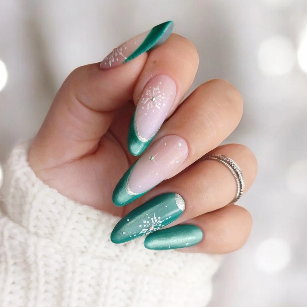 Sheer Pink with Metallic Teal French Tips Sheer Pink with Metallic Teal French Tips — Pastel Winter Nails