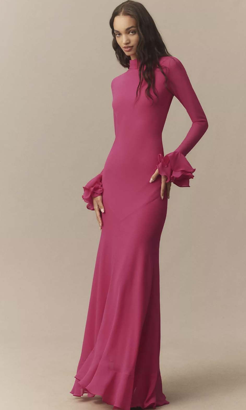 Fuchsia Jersey-Chiffon Dress with Ruffled Cuffs Fuchsia Jersey-Chiffon Dress with Ruffled Cuffs — Winter Formal Dresses